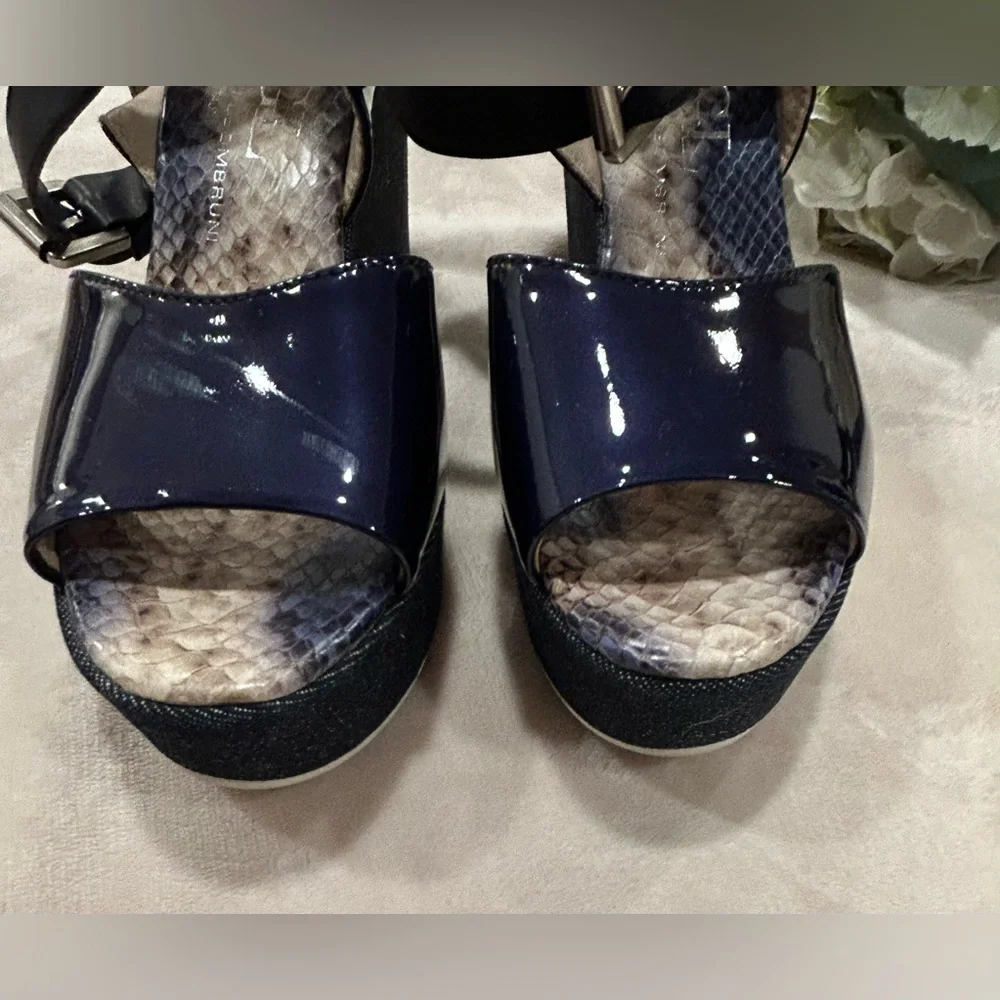 AGL Attilio Giusti Leombruni Blue Patent Leather, Denim Wedge Sandal, Size 38.5